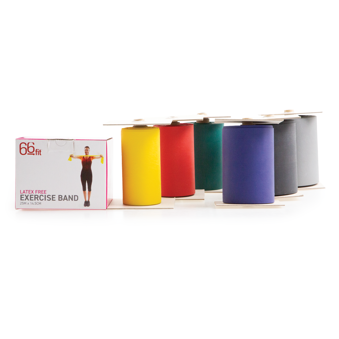 Set of exercise bands in various colors with packaging on a white background